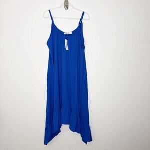 Three Bird Nest Ellie Ruffle Midi Dress Blue Large Adjustable Straps Pockets NWT